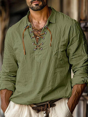 Men's army green cotton lace-up V-neck shirt with long sleeves