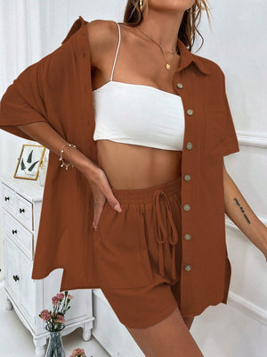 Linen resort shirt and shorts set in Dark Brown, featuring a button-up shirt and drawstring shorts.