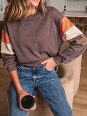Color Block Drop Shoulder Pullover Sweatshirt in Coffee Brown, side view