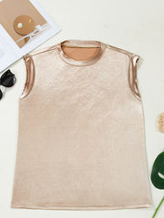 Champagne metallic sleeveless tank top with satin trim and crew neck.