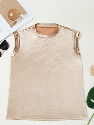 Champagne metallic sleeveless tank top with satin trim and crew neck.