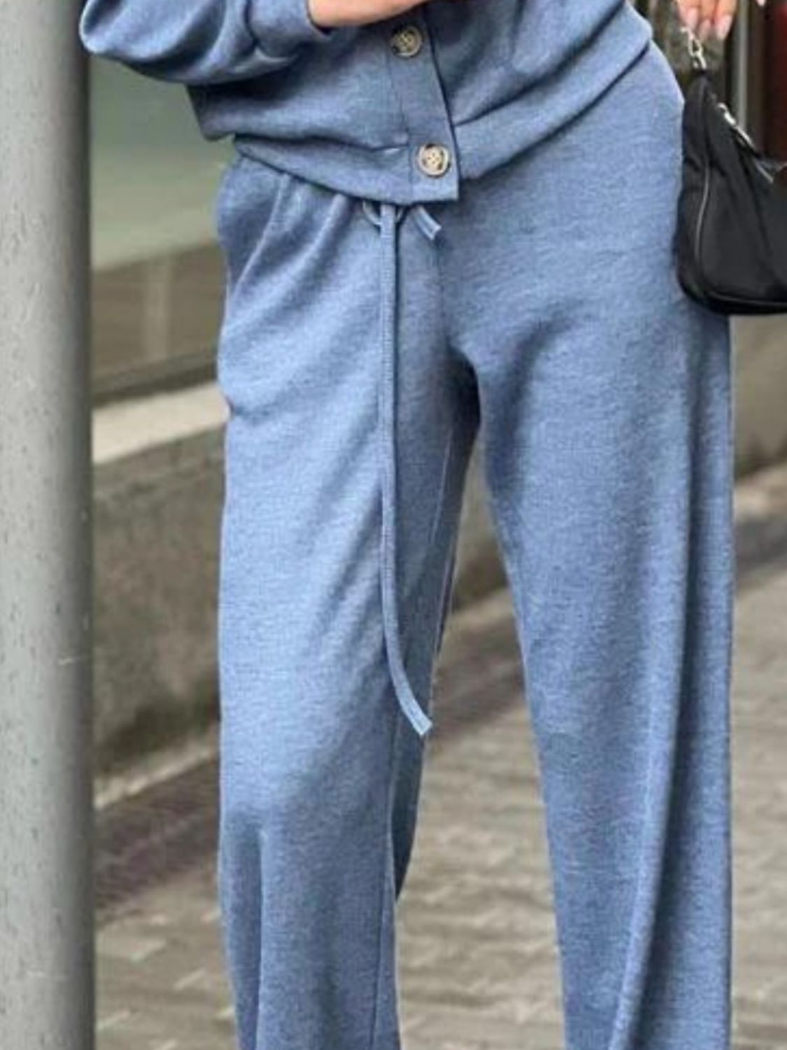 Dusty blue knit lounge set with button-front top and drawstring pants