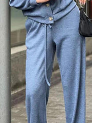 Dusty blue knit lounge set with button-front top and drawstring pants