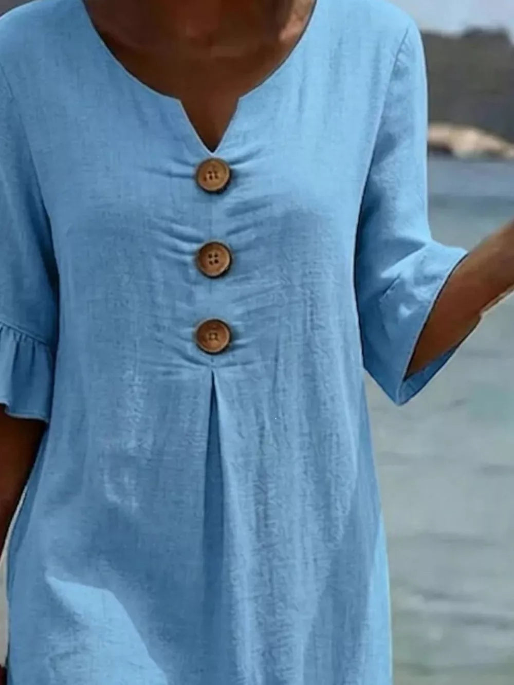 Button Decor Ruffle Sleeve Midi Dress Plus Size, fabric detail