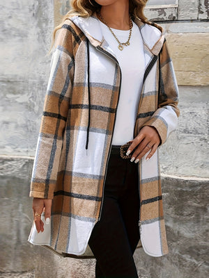 Longline plaid zip-through jacket with hood in camel and white, featuring black plaid accents.