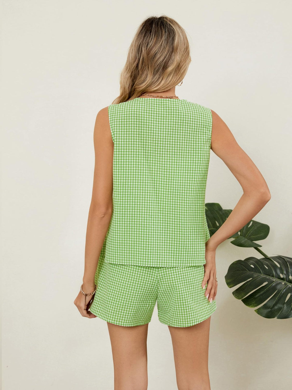 Green gingham linen vest and shorts set, back view