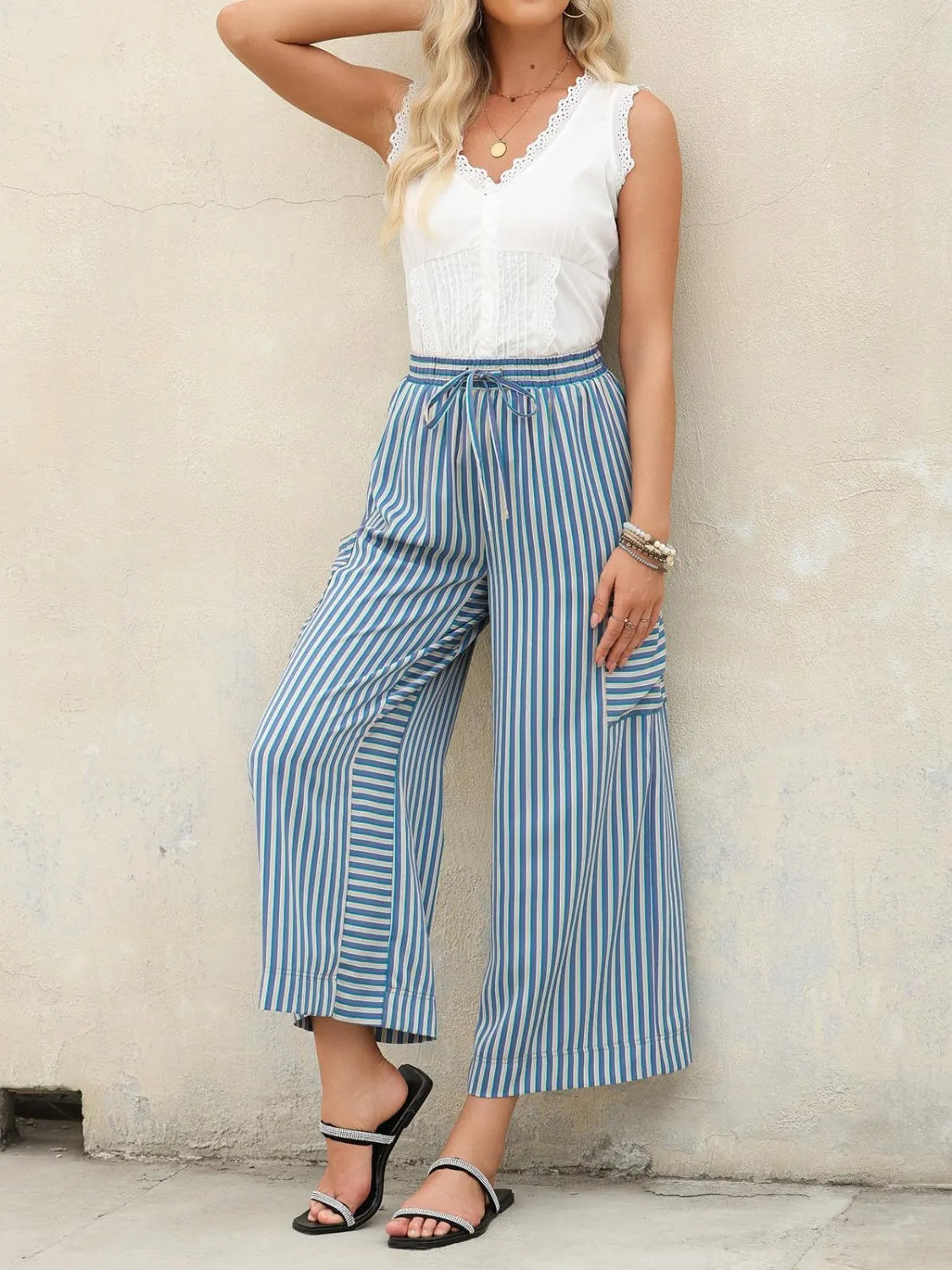 Coastal Stripe Cargo Culottes in Light Blue with drawstring waist and side cargo pockets.