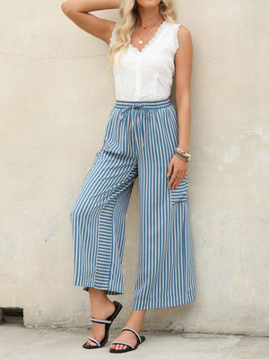 Coastal Stripe Cargo Culottes in Light Blue with drawstring waist and side cargo pockets.