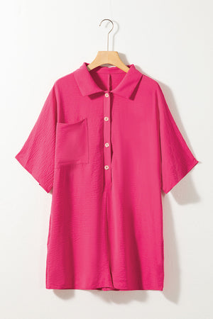 Hot Pink oversized shirt romper with buttons and a chest pocket.