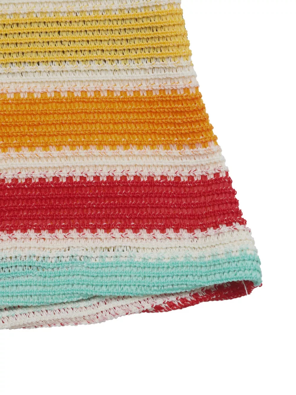 Vibrant striped bodycon midi dress in yellow, orange, red, and teal crochet knit.