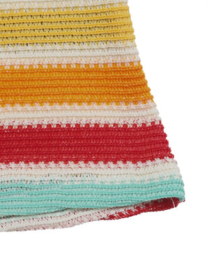 Vibrant striped bodycon midi dress in yellow, orange, red, and teal crochet knit.