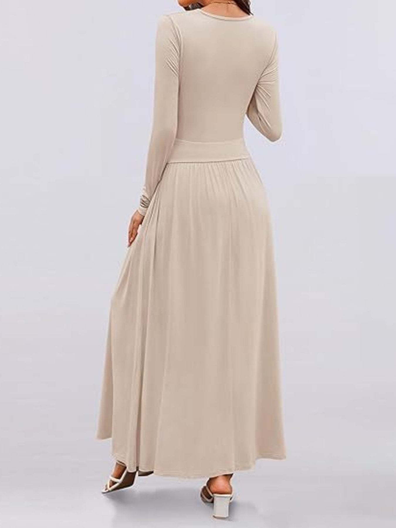 Apricot long sleeve ruched maxi dress with pockets, comfortable casual style.