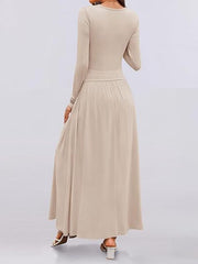 Apricot long sleeve ruched maxi dress with pockets, comfortable casual style.