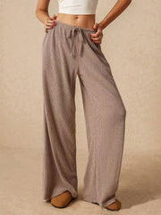 Mocha ribbed cotton palazzo lounge trousers with drawstring waist and wide leg.