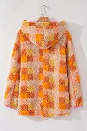 Checkerboard sherpa jacket in tangerine with contrast pink trim and hood