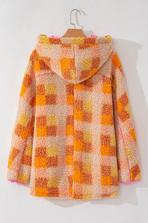 Checkerboard sherpa jacket in tangerine with contrast pink trim and hood