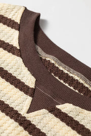 Stripe Patchwork Ribbed Cuff Pullover Sweatshirt in Beige, editorial view