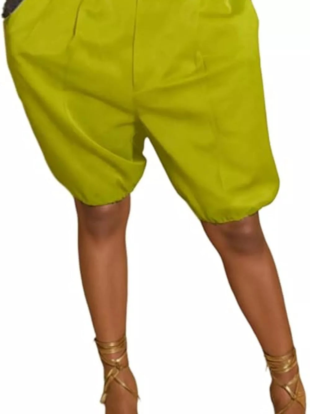 Yellow green pleated high-waisted shorts with drawstring and balloon leg