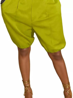 Yellow green pleated high-waisted shorts with drawstring and balloon leg