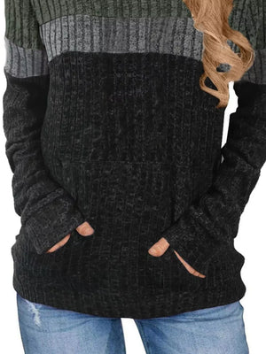 Color block ribbed knit sweatshirt in black with gray and army green accents, featuring thumbholes and pockets.