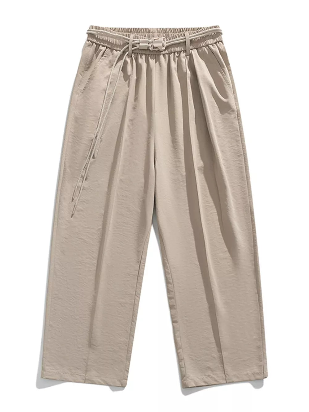 Belted relaxed fit khaki sweatpants with drawstring and buckle closure.