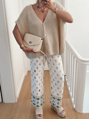Cap sleeve mohair blend cardigan in Khaki with V-neck and button front.