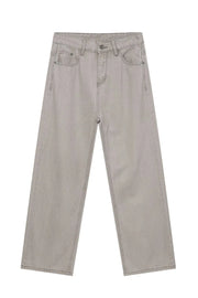 Gray wide-leg denim trousers with seam details and a relaxed fit.