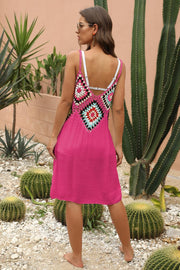 Hot Pink crochet yoke maxi dress with a square pattern detail and V-neck.