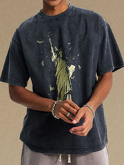 Black vintage wash t-shirt with Statue of Liberty graphic and birds
