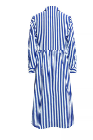 Striped Long Sleeve Maxi Shirt Dress in Light Blue, side view