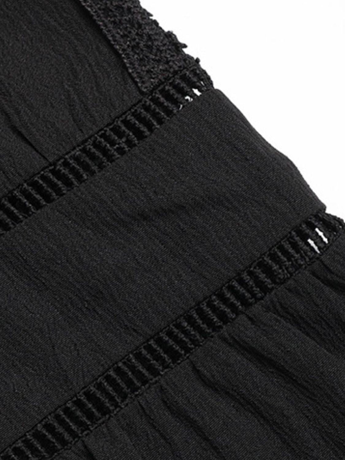 Black lace trim bell sleeve blouse with textured fabric detail