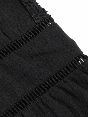 Black lace trim bell sleeve blouse with textured fabric detail