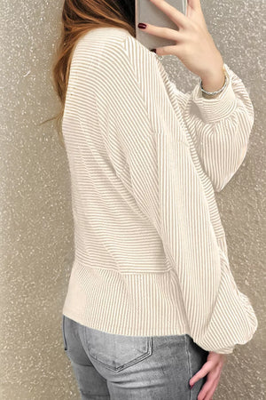 Corded Texture Lantern Sleeve Henley Sweatsuit in Ivory, back view