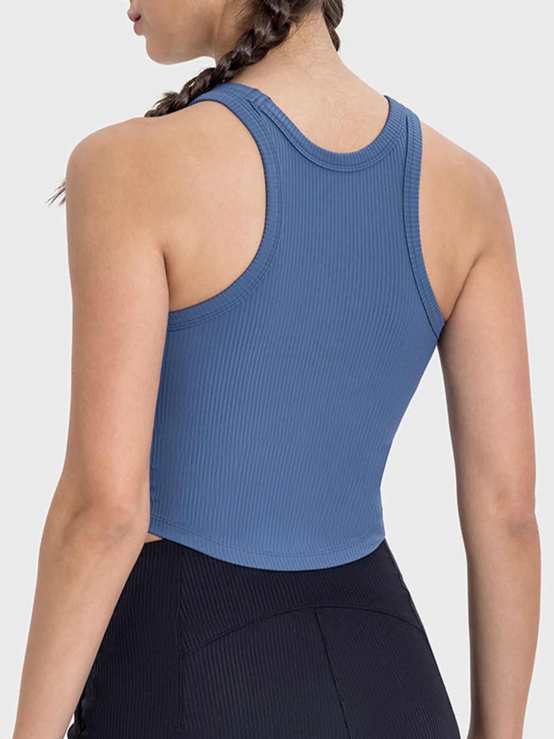 Dusty blue ribbed racerback active tank top with round neckline