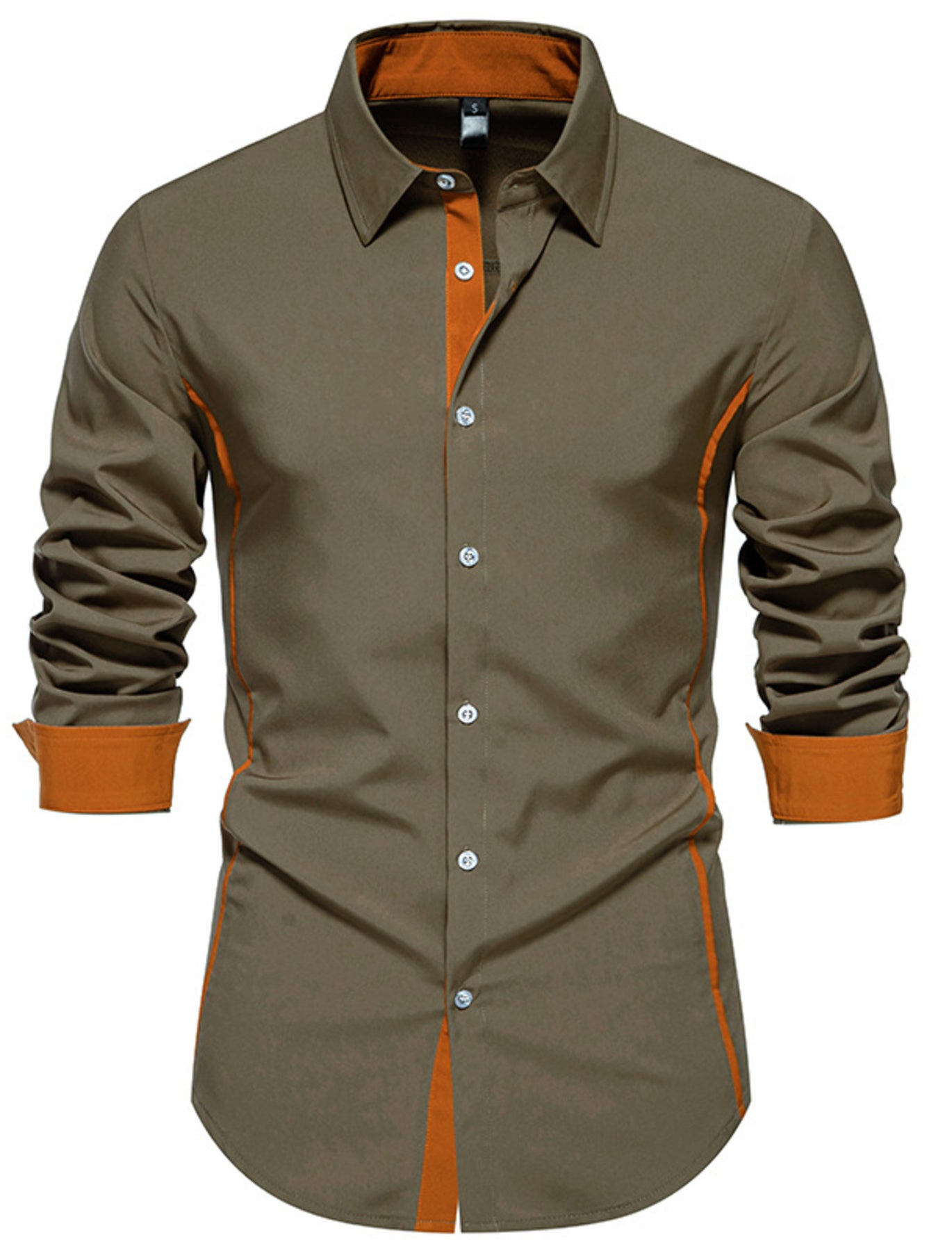 Olive green button-down shirt with contrast orange trim and cuffs