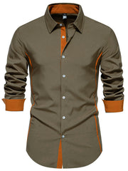 Olive green button-down shirt with contrast orange trim and cuffs