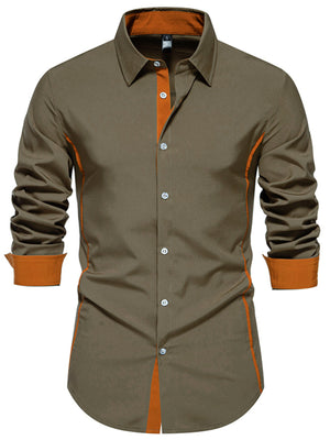 Olive green button-down shirt with contrast orange trim and cuffs