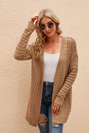Khaki perforated knit longline cardigan with open front and long sleeves.