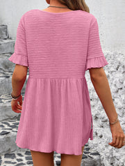 Blush pink textured babydoll blouse with flutter sleeves and gathered waist