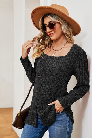 Black ribbed button-down top with asymmetric hem and square neckline