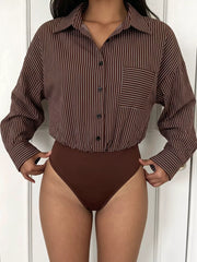 Striped Button-up Bodysuit in Brown, model styling view