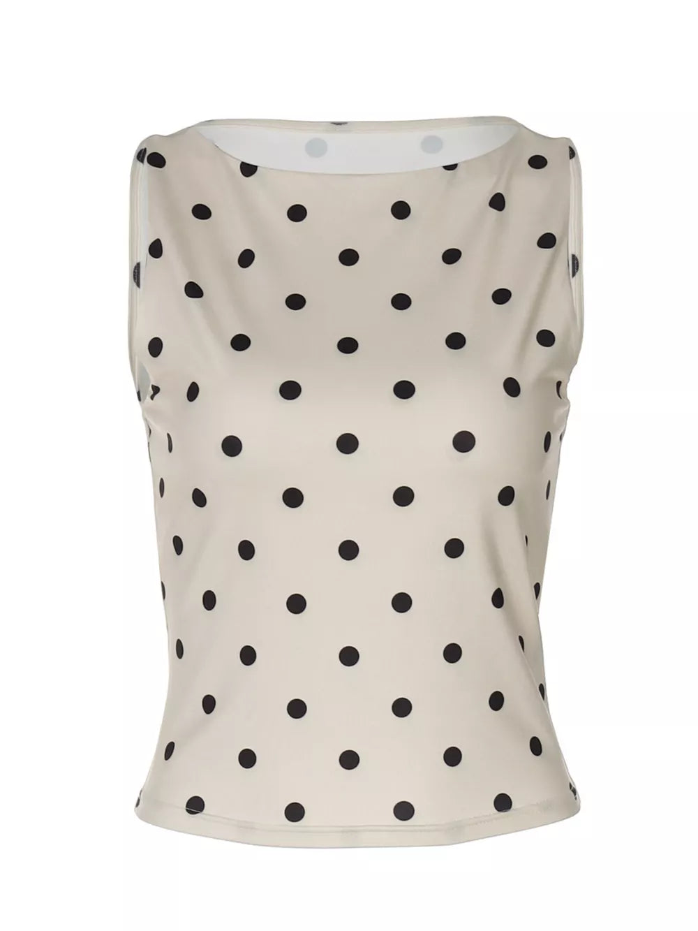 Chic polka dot tank top in khaki with a boat neck and cropped fit.