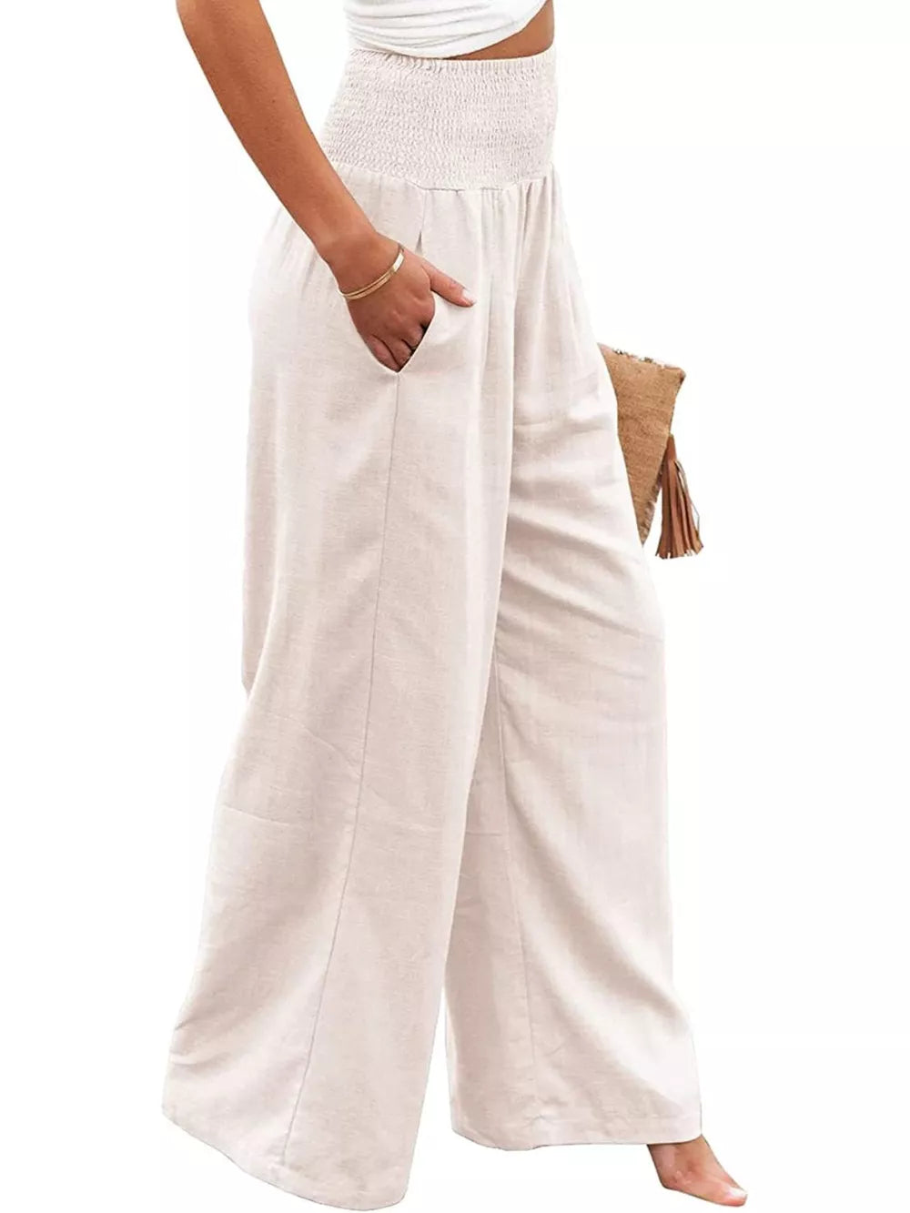 Maternity wide-leg pants in Tan with smocked waist and pockets.