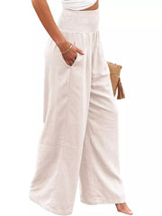 Maternity wide-leg pants in Tan with smocked waist and pockets.