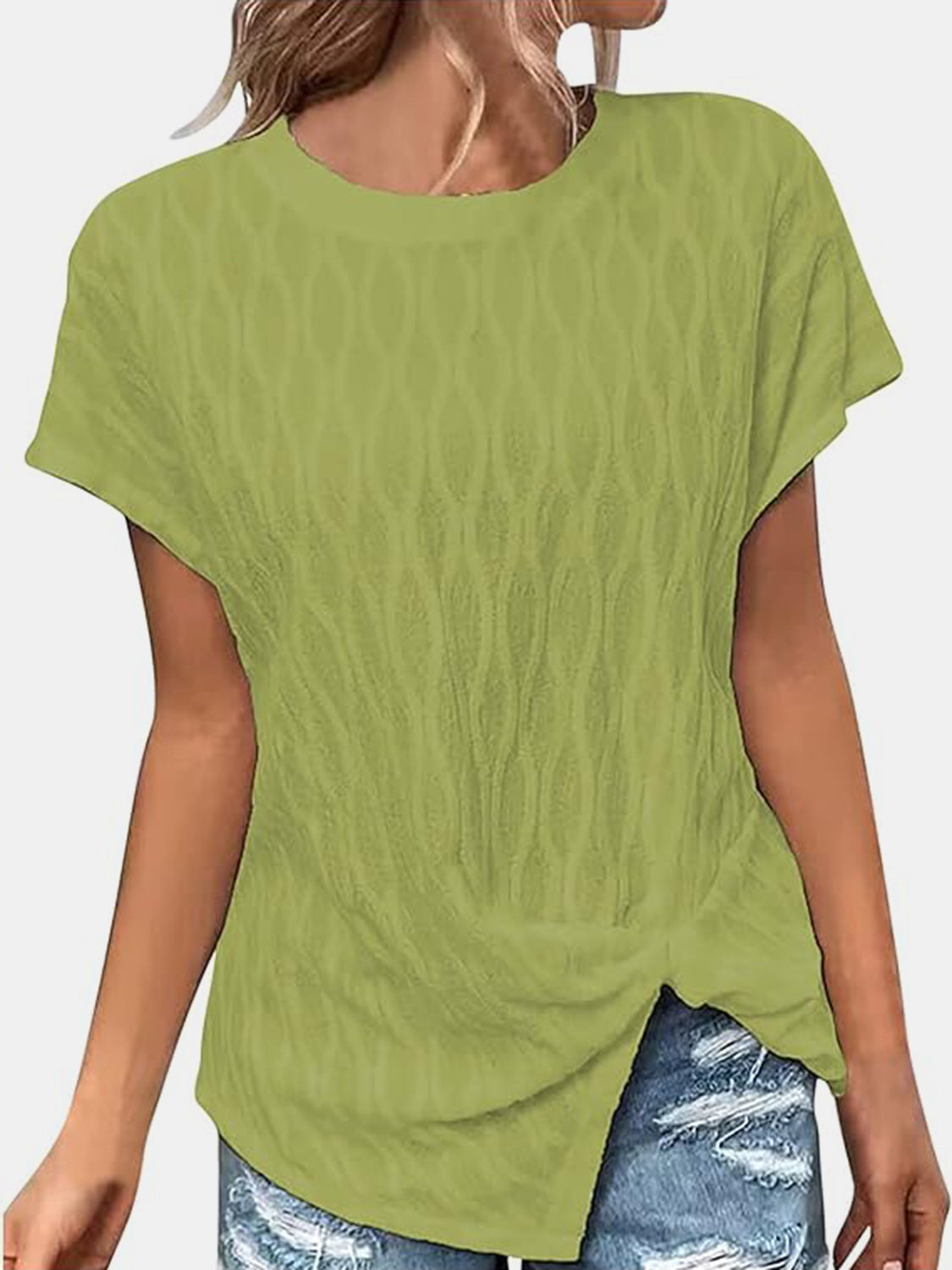 Yellow-green textured tee with asymmetric knot-front detail and short sleeves.