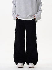 Black cargo pants with versatile pockets and a relaxed fit.