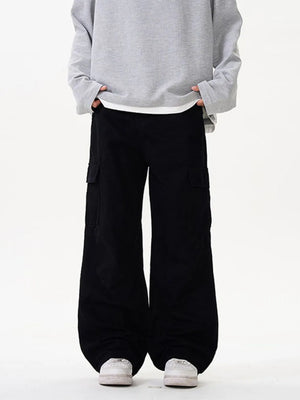 Black cargo pants with versatile pockets and a relaxed fit.