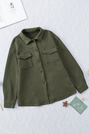 Army green quilted overshirt with patch pockets and button front.