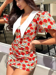 Floral Ruched Mini Dress With Puff Sleeves