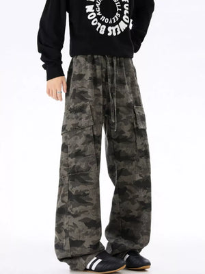 Urban Camouflage Cargo Sweatpants with drawstring waist and multiple pockets.
